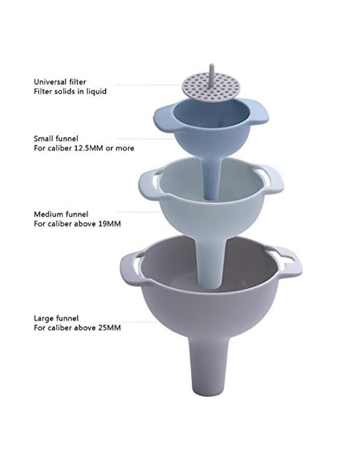 Generic - Kitchen Funnel Set - 3 Pack Nested Funnels with Handle Food Grade Plastic Funnels with Removable Filter and 2 Folding Silicone Funnels and 1 Funnel Brush Used to Transfer Liquid and Powder - Image 1