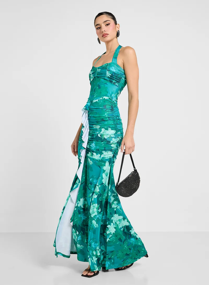 جينجر Floral Ruffle Halter Dress