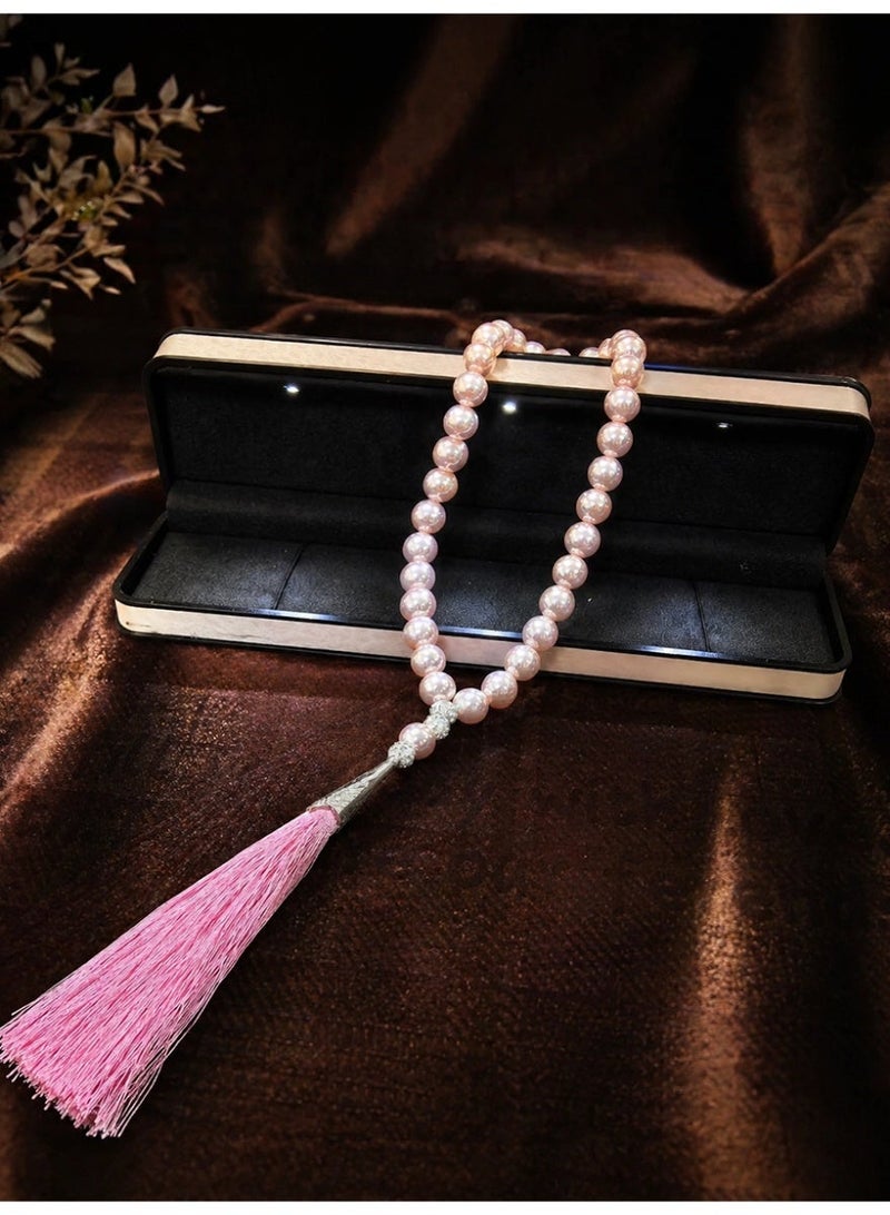 Slema Pink Pearl Islamic Tasbih Prayer Beads 33 Tashiha 10mm, Muslim Misbaha Rosary with Pink Tassel for Religious Worship & Eid Gift - Image 3