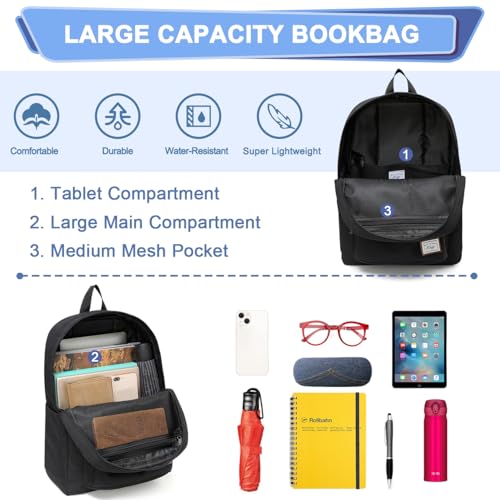 Kasqo Lightweight School Backpack, 17.3L Water-Resistant Casual College Bookbag for Men Women Teen Girls Boys, Black - Image 4
