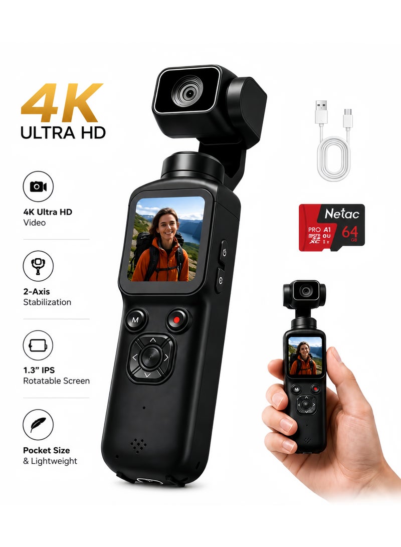 Lecran 75MP Vlogging Camera, Handheld Gimbal-Style Camera with 330° Rotating Lens, WiFi, 1.72" Touch Screen, Face Tracking, 64GB TF Card Included, Supports Tripod Mount, Portable Camera for Content Creation and Daily Recording - Image 1