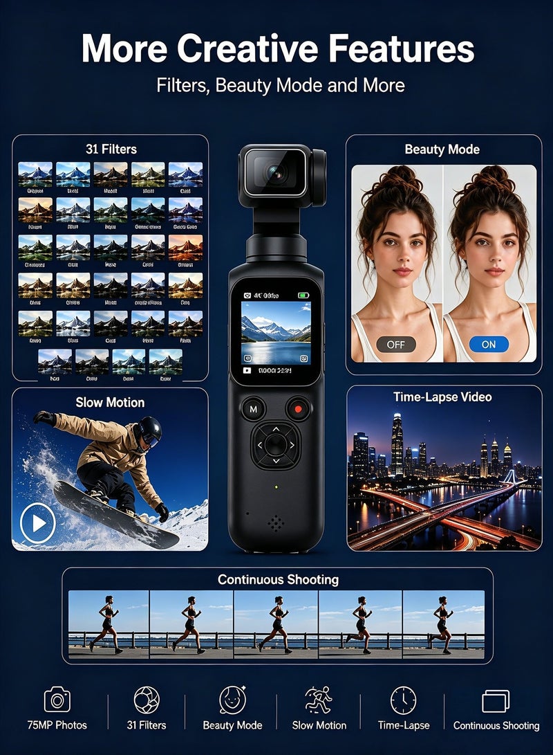 Lecran 75MP Vlogging Camera, Handheld Gimbal-Style Camera with 330° Rotating Lens, WiFi, 1.72" Touch Screen, Face Tracking, 64GB TF Card Included, Supports Tripod Mount, Portable Camera for Content Creation and Daily Recording - Image 4