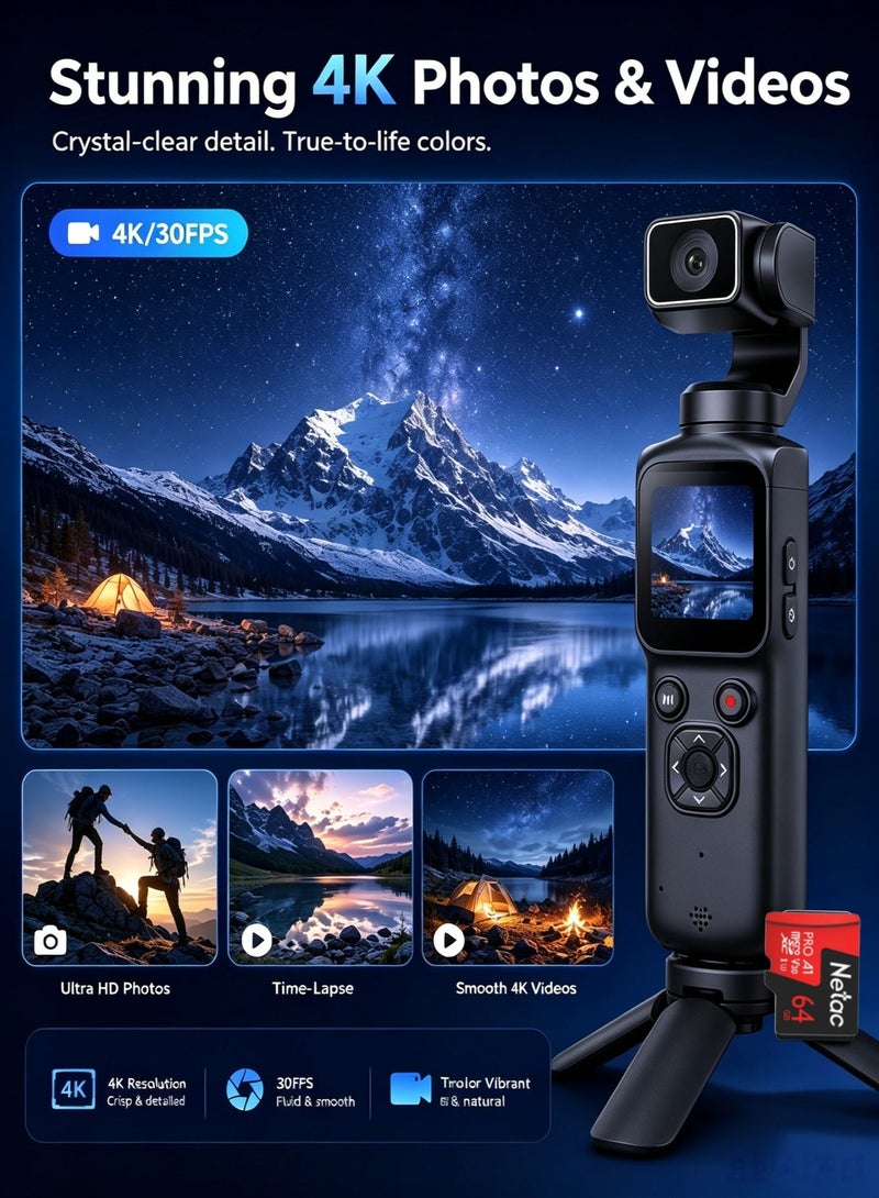 Lecran 75MP Vlogging Camera, Handheld Gimbal-Style Camera with 330° Rotating Lens, WiFi, 1.72" Touch Screen, Face Tracking, 64GB TF Card Included, Supports Tripod Mount, Portable Camera for Content Creation and Daily Recording - Image 2