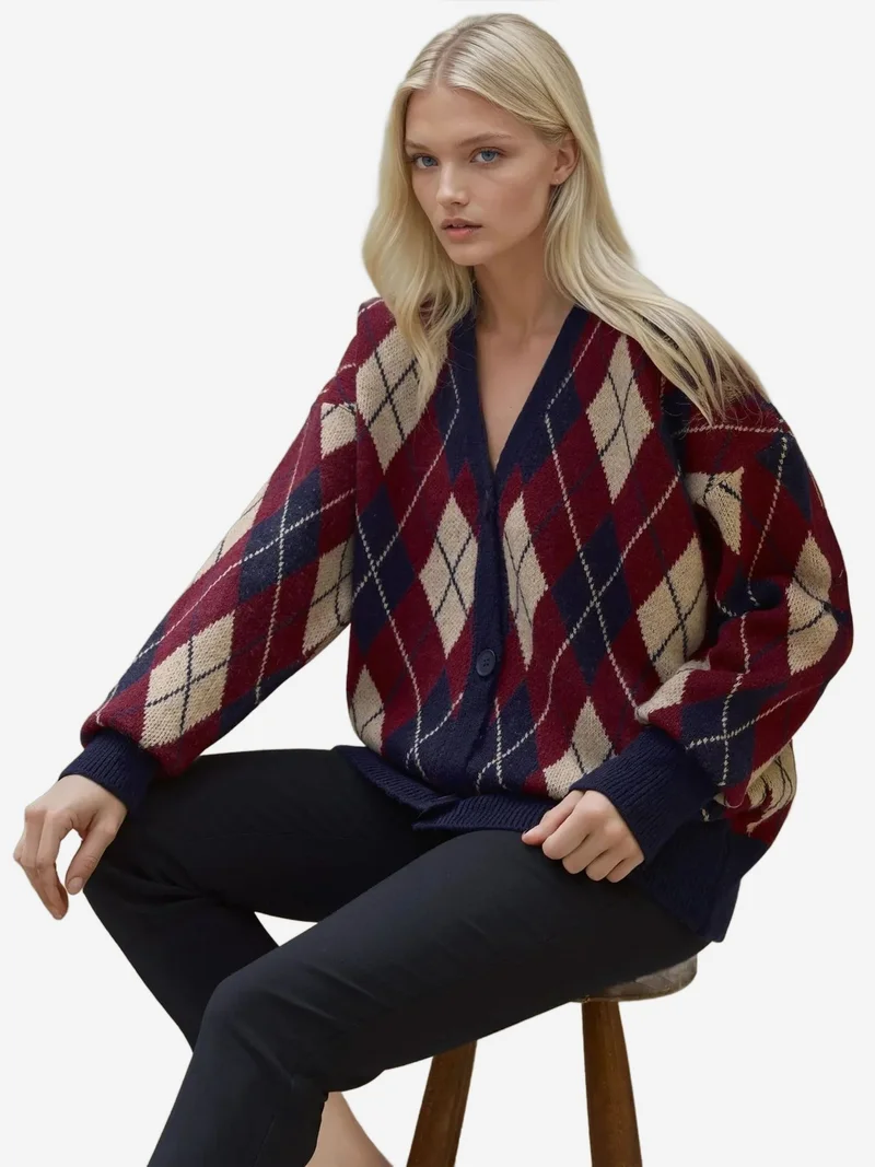 Long V-Neck Geometric Knitwear Cardigan with Buttons