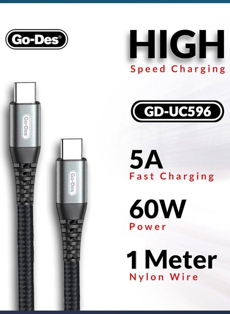 Go-Des 60W Ultra Fast Charging 5A USB C to USB C Cable [3.3-ft,1M], Powerful Nylon Braided USB-C Cord Phone Charger for iPhone 15, Android Phones, Tablets, iPad Pro, MacBook and Laptops
