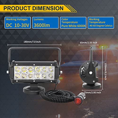 SKYWORLD Magnetic Led Work Light 12V, 1PCS 7 Inch 36W Spot Off Road Driving Fog Lamp, Portable Magnetic Base Holder for Car SUV Trailer Tractor Truck Engineering Maintenance Garage Camping - Image 2