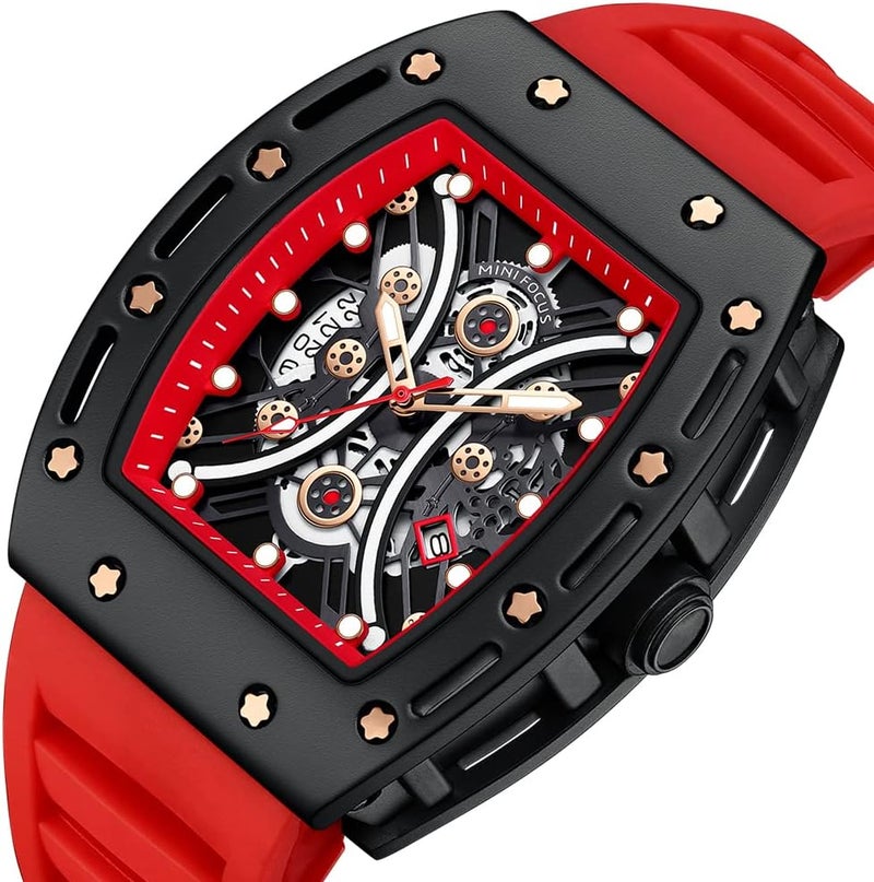 MF MINI FOCUS Mini Focus Unique Men Watch Tonneau Casual Wrist Watch (Hollow/Waterproof/Super Luminous/Calendar) Soft Silicon Band Fashion Cool Watch for Men - Image 1