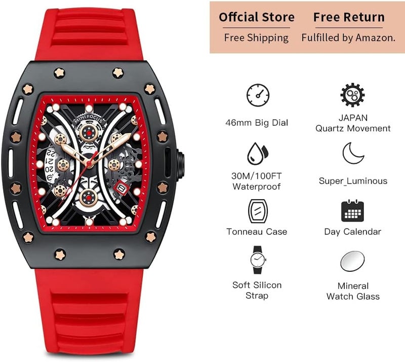 MF MINI FOCUS Mini Focus Unique Men Watch Tonneau Casual Wrist Watch (Hollow/Waterproof/Super Luminous/Calendar) Soft Silicon Band Fashion Cool Watch for Men - Image 5