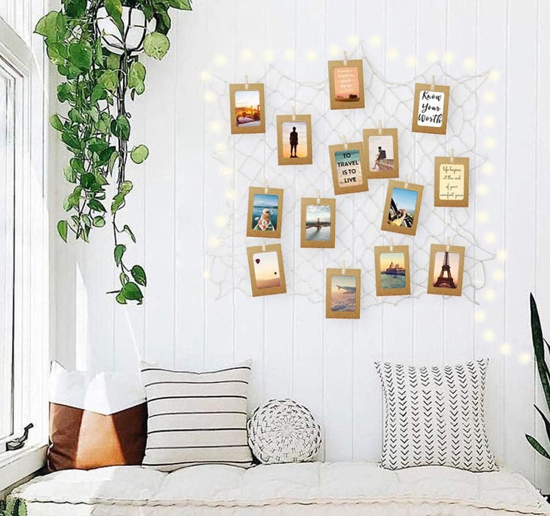 INFIPRISES Photo Hanging Display Fishing Net Picture Frame with 100 Led Fairy String Light, 20 Brown Hanging Display Paper Photo Frame and 20 Wooden Clothespins, Wall Decoration Collage Photo Picture Frame Wall Decor (Net Size: 150x150cm, Light Size: 10 Mtr) - Image 2