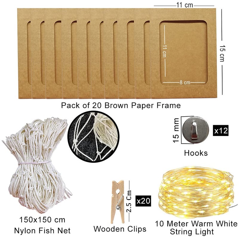 INFIPRISES Photo Hanging Display Fishing Net Picture Frame with 100 Led Fairy String Light, 20 Brown Hanging Display Paper Photo Frame and 20 Wooden Clothespins, Wall Decoration Collage Photo Picture Frame Wall Decor (Net Size: 150x150cm, Light Size: 10 Mtr) - Image 3
