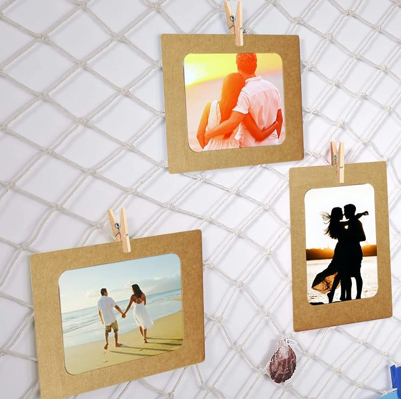 INFIPRISES Photo Hanging Display Fishing Net Picture Frame with 100 Led Fairy String Light, 20 Brown Hanging Display Paper Photo Frame and 20 Wooden Clothespins, Wall Decoration Collage Photo Picture Frame Wall Decor (Net Size: 150x150cm, Light Size: 10 Mtr) - Image 5