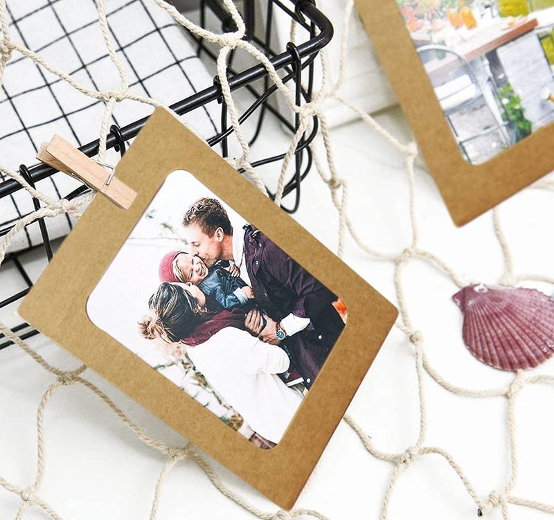 INFIPRISES Photo Hanging Display Fishing Net Picture Frame with 100 Led Fairy String Light, 20 Brown Hanging Display Paper Photo Frame and 20 Wooden Clothespins, Wall Decoration Collage Photo Picture Frame Wall Decor (Net Size: 150x150cm, Light Size: 10 Mtr) - Image 4