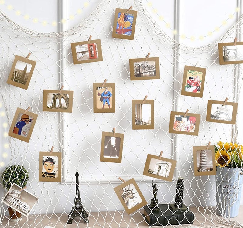 INFIPRISES Photo Hanging Display Fishing Net Picture Frame with 100 Led Fairy String Light, 20 Brown Hanging Display Paper Photo Frame and 20 Wooden Clothespins, Wall Decoration Collage Photo Picture Frame Wall Decor (Net Size: 150x150cm, Light Size: 10 Mtr) - Image 1