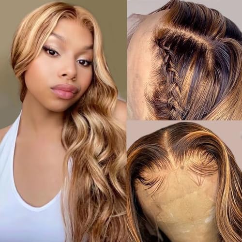 FASCARA Highlight Ombre 13x4 Lace Front Wigs Human Hair 427 Colored Body Wave Honey Blonde 9A Glueless HD Transparent Lace Frontal Wigs for Women 180 Density Human Hair Pre Plucked with Baby Hair 18 Inch - Image 1