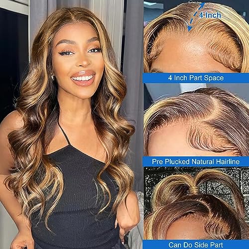 FASCARA Highlight Ombre 13x4 Lace Front Wigs Human Hair 427 Colored Body Wave Honey Blonde 9A Glueless HD Transparent Lace Frontal Wigs for Women 180 Density Human Hair Pre Plucked with Baby Hair 18 Inch - Image 3