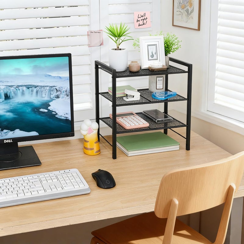 Becomrock Desktop Shelf Organizer, 3-Tier Office Storage Rack, Adjustable Metal Bookshelf for Top of Desk, Desk Organizer for Office, Home, Dorm and Small Spaces (Black) - Image 2