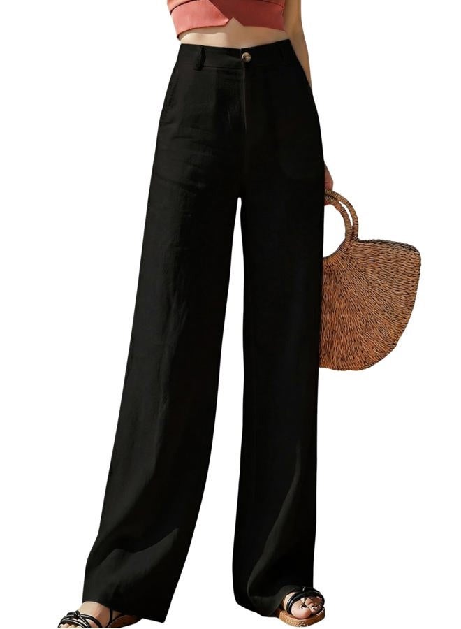 Hooever Womens Casual High Waisted Wide Leg Pants Button Up Straight Leg Trousers, Black, L - Image 1