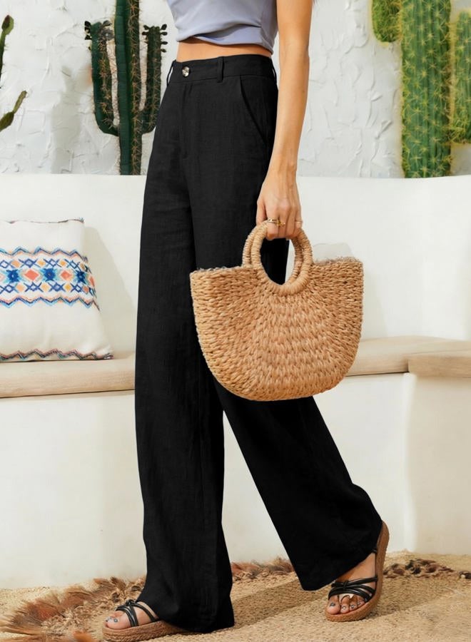 Hooever Womens Casual High Waisted Wide Leg Pants Button Up Straight Leg Trousers, Black, L - Image 2