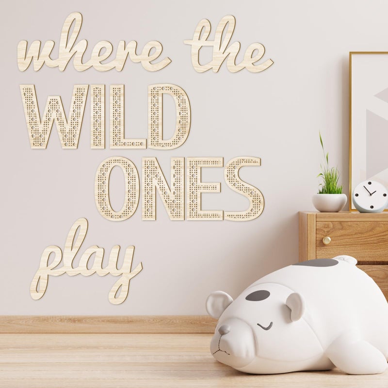 Beeveer Where the Wild Ones Play Nursery Sign Wooden Playroom Wall Decor Playroom Decoration Word Play Room Sign for Wall Plaques 11 Pcs23 InchWood Color - Image 2