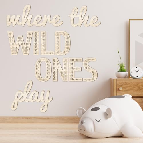 Beeveer Where the Wild Ones Play Nursery Sign Wooden Playroom Wall Decor Playroom Decoration Word Play Room Sign for Wall Plaques 11 Pcs23 InchWood Color - Image 1