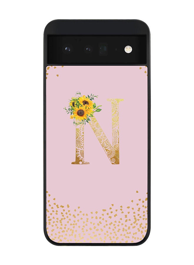 Stylizedd Rugged Black edge case for Google Pixel 6 5G Slim fit Soft Case Flexible Rubber Edges Anti Drop TPU Gel Thin Cover - Custom Monogram Initial Letter Floral Pattern Alphabet - N (Pink ) - Image 1