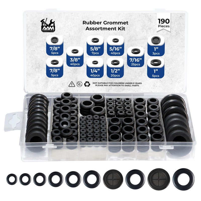 AAM ESSENTIALS Rubber Grommet kit- Pack of 190 in 2 Types of Rubber Grommets for Wiring Including 2 Sizes of Hole Plugs & 8 Sizes of Wire Grommets- Firewall Grommet kit Handles Complete Safety & Sealing. - Image 1
