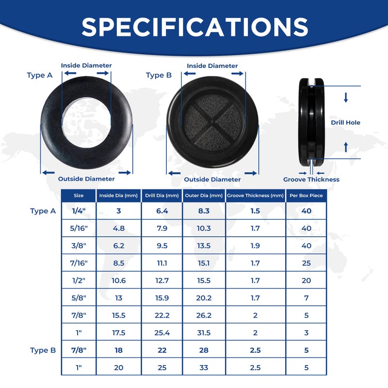 AAM ESSENTIALS Rubber Grommet kit- Pack of 190 in 2 Types of Rubber Grommets for Wiring Including 2 Sizes of Hole Plugs & 8 Sizes of Wire Grommets- Firewall Grommet kit Handles Complete Safety & Sealing. - Image 4