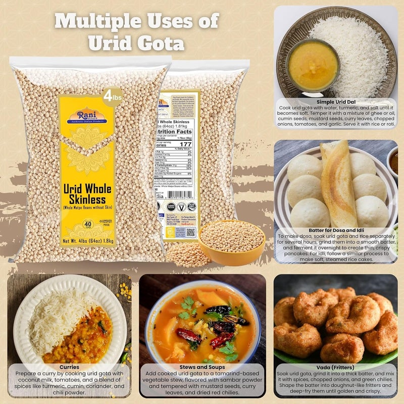 Rani Urid Whole Skinless (Whole Matpe Beans without Skin) - 4 lbs - Image 4