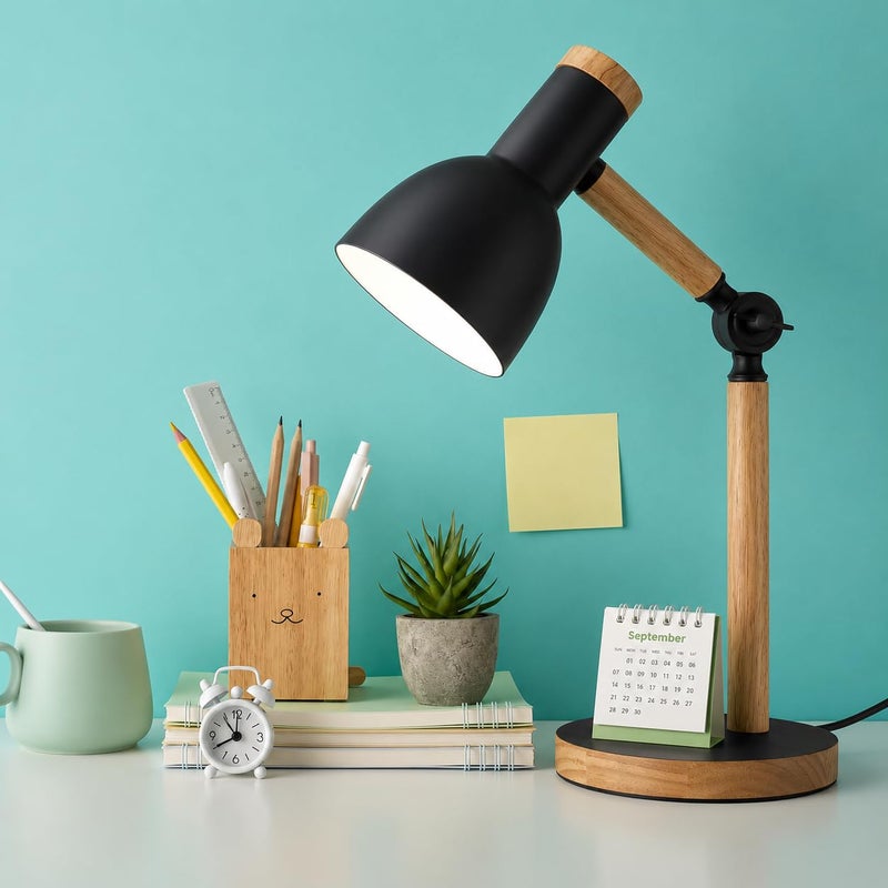 Modern LED Desk Lamp with Wooden Base - Study and Reading Lamp with Moving Arm and Eye Comfort Light - Stylish Modern Design (BLACK) - Image 2