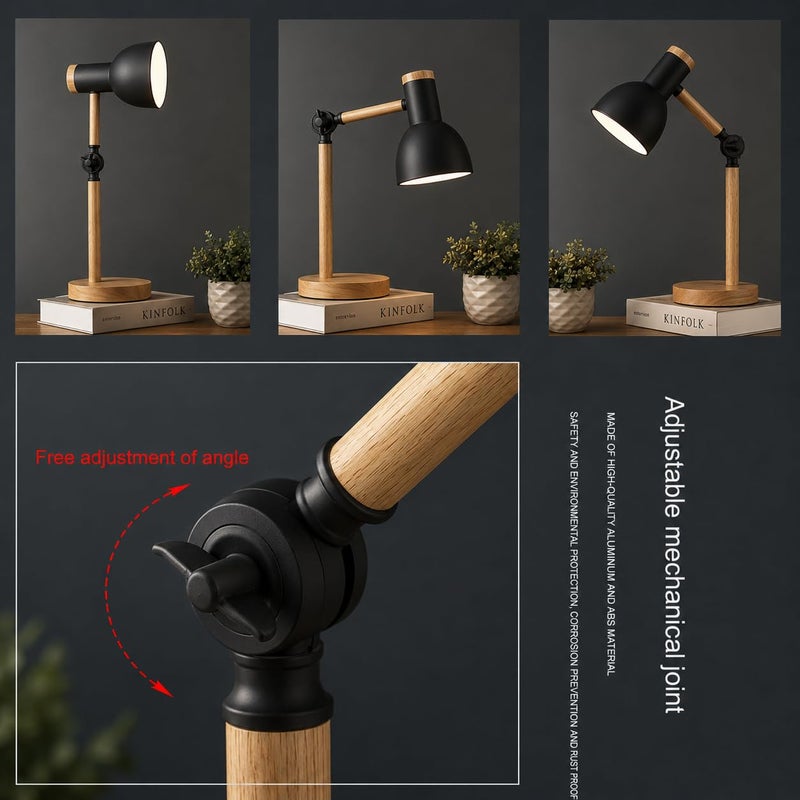 Modern LED Desk Lamp with Wooden Base - Study and Reading Lamp with Moving Arm and Eye Comfort Light - Stylish Modern Design (BLACK) - Image 4