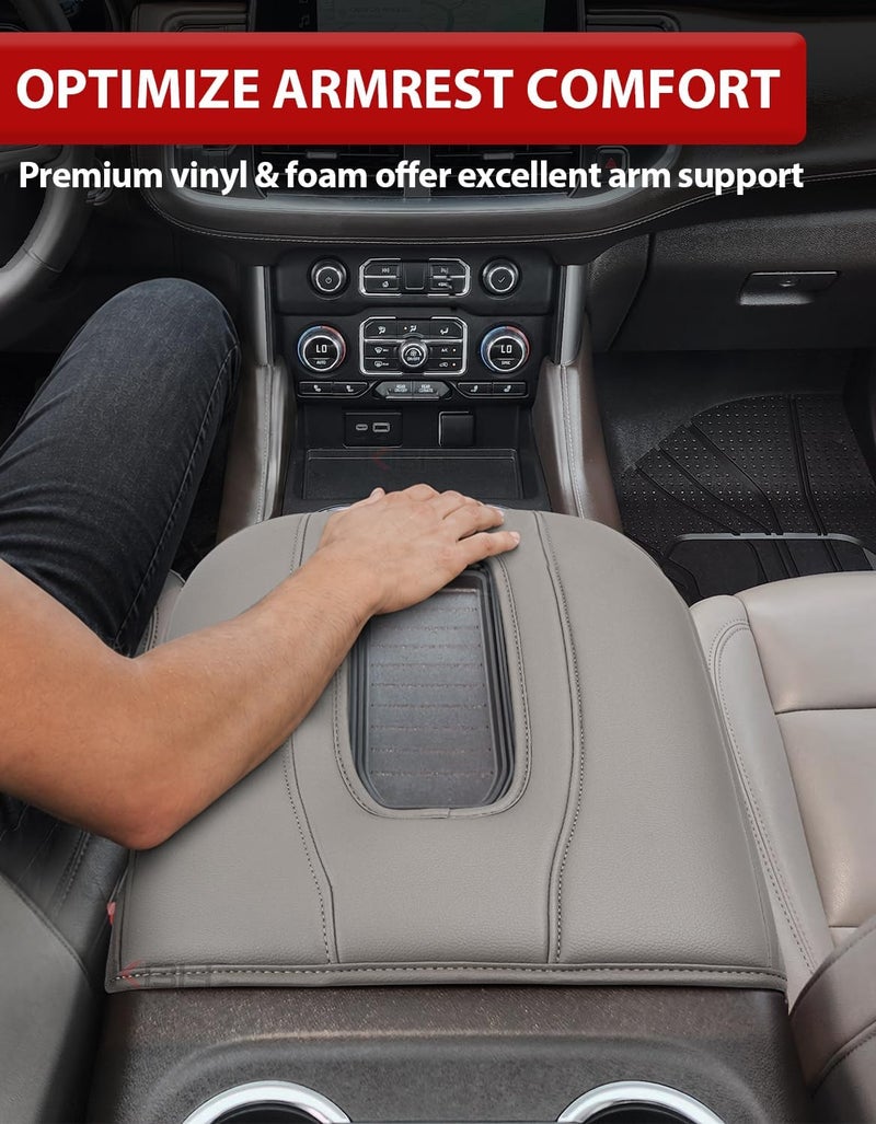 KBH غطاء مسند الذراع للكونسول الوسطي من لسيارات Chevy Silverado وGMC Sierra موديلات 2019-2025، وتاهو وسوبربان ويوكون موديلات 2021-2025، كونسول المقعد الدلو، غطاء مسند الذراع الجلدي للسيارة، رمادي - Image 3