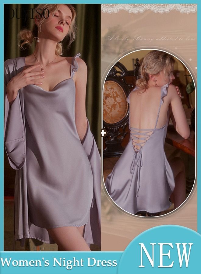 DUNISO 3-piece Women's Night Dress Set with Robe Waistband Sweet Silky Nightgown Solid Pajama Dress Sleepwear Girls Comfortable Nightwear Summer Home Wear Lounge Dress - Image 1
