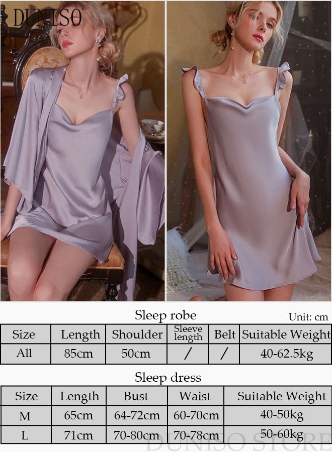 DUNISO 3-piece Women's Night Dress Set with Robe Waistband Sweet Silky Nightgown Solid Pajama Dress Sleepwear Girls Comfortable Nightwear Summer Home Wear Lounge Dress - Image 4