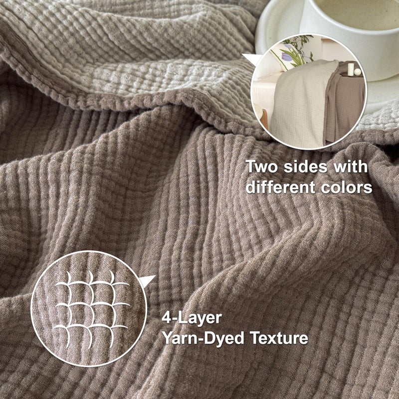 Simple&Opulence 100% Cotton Muslin Blanket Queen Size, Lightweight Breathable 4 Layering Gauze Blanket for Bed Couch Camping, Soft Bedspread Coverlet All-Season Use (Coffee, 88" x 92") - Image 3