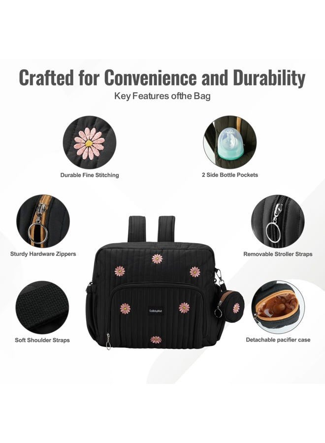 GOBABYMART Diaper Bag Backpack, Medium Maternity baby bag & Changing Pad, Insulated Pockets, Stroller Straps & Pacifier Case (Medium - Black Flowers) - Image 3