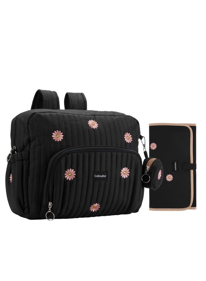GOBABYMART Diaper Bag Backpack, Medium Maternity baby bag & Changing Pad, Insulated Pockets, Stroller Straps & Pacifier Case (Medium - Black Flowers) - Image 1