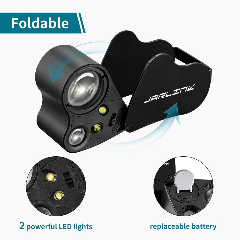 JARLINK 30X 60X Illuminated Jewelers Loupe Magnifier, Foldable Jewelry Magnifier with Bright LED Light for Gems, Jewelry, Coins, Stamps, etc - Image 4