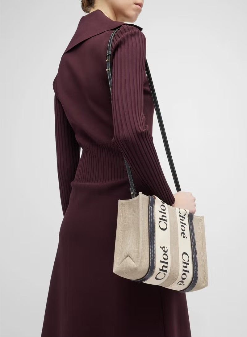 Chloé Women’s Canvas Tote Bag 26cm, Compact Shoulder Handbag With Wide Logo Strap, Beige/Black - Image 1