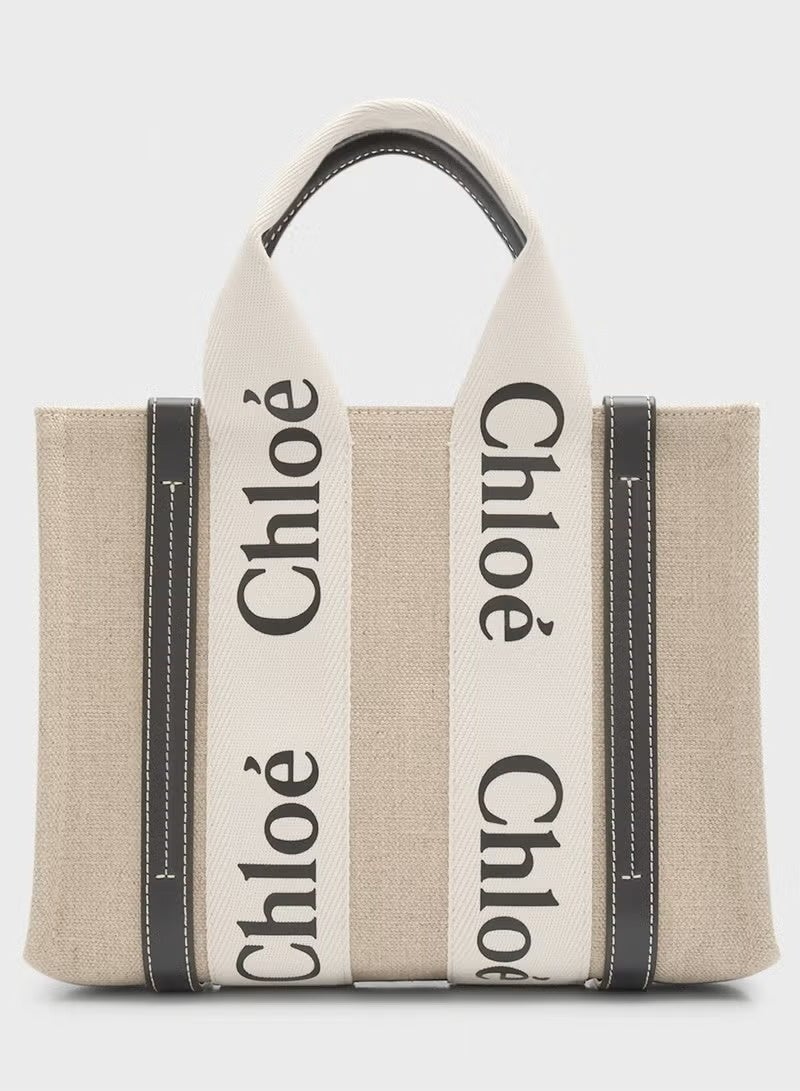Chloé Women’s Canvas Tote Bag 26cm, Compact Shoulder Handbag With Wide Logo Strap, Beige/Black - Image 4