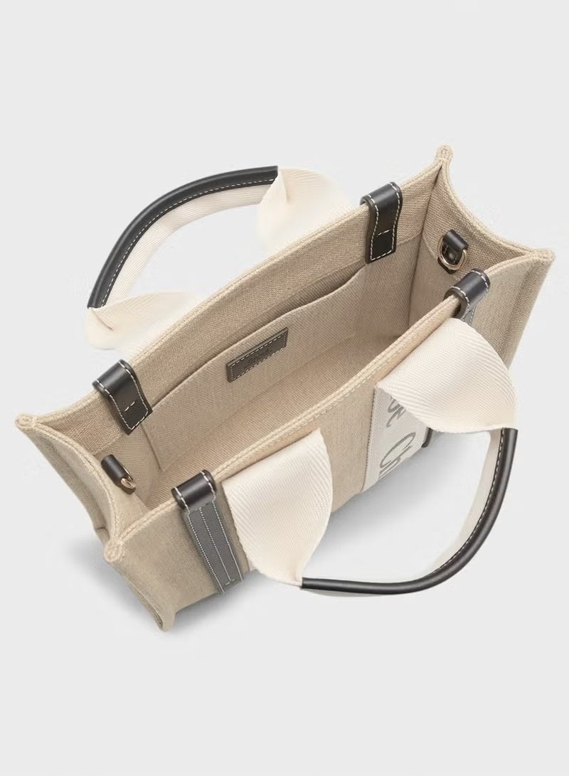 Chloé Women’s Canvas Tote Bag 26cm, Compact Shoulder Handbag With Wide Logo Strap, Beige/Black - Image 3