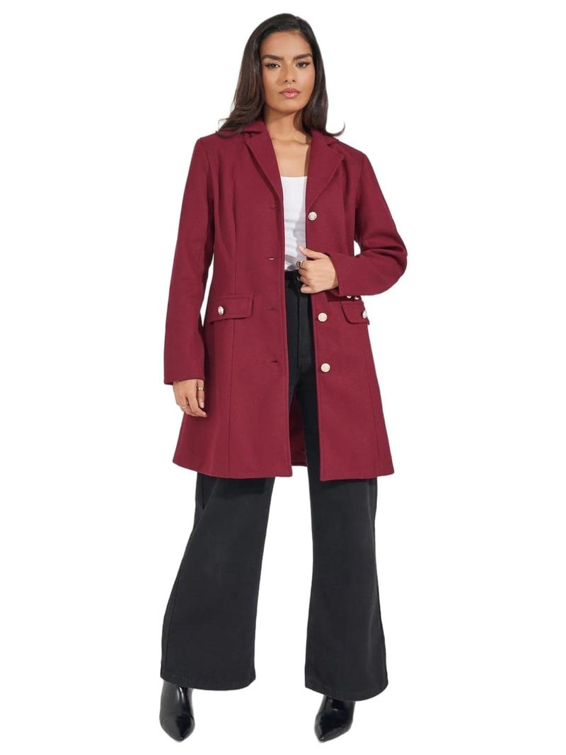 Styli Women Burgundy Longline Wool Like Buttoned Coat - Image 1