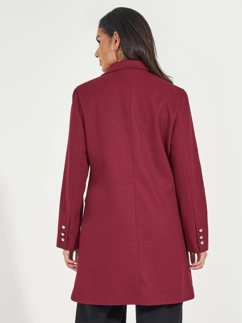 Styli Women Burgundy Longline Wool Like Buttoned Coat - Image 2