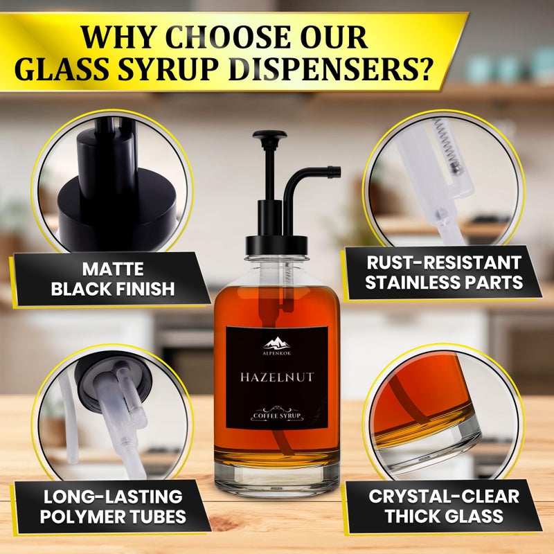 ALPENKOK Set of 4 Glass Syrup Dispensers 16.9oz 500 ml â€“ Pump Coffee Dispenser with 18 Marked Labels, Leak-Proof, Easy Cleaning â€“ Coffee Essentials for Coffee Bar | Parties & Event Ready (Black Pumps) - Image 3