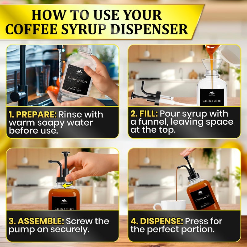 ALPENKOK Set of 4 Glass Syrup Dispensers 16.9oz 500 ml â€“ Pump Coffee Dispenser with 18 Marked Labels, Leak-Proof, Easy Cleaning â€“ Coffee Essentials for Coffee Bar | Parties & Event Ready (Black Pumps) - Image 5