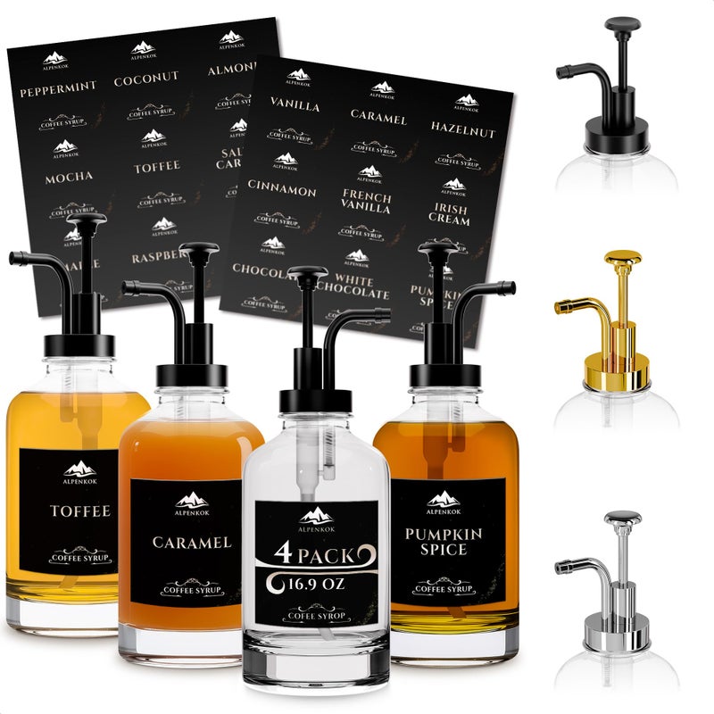 ALPENKOK Set of 4 Glass Syrup Dispensers 16.9oz 500 ml â€“ Pump Coffee Dispenser with 18 Marked Labels, Leak-Proof, Easy Cleaning â€“ Coffee Essentials for Coffee Bar | Parties & Event Ready (Black Pumps) - Image 1