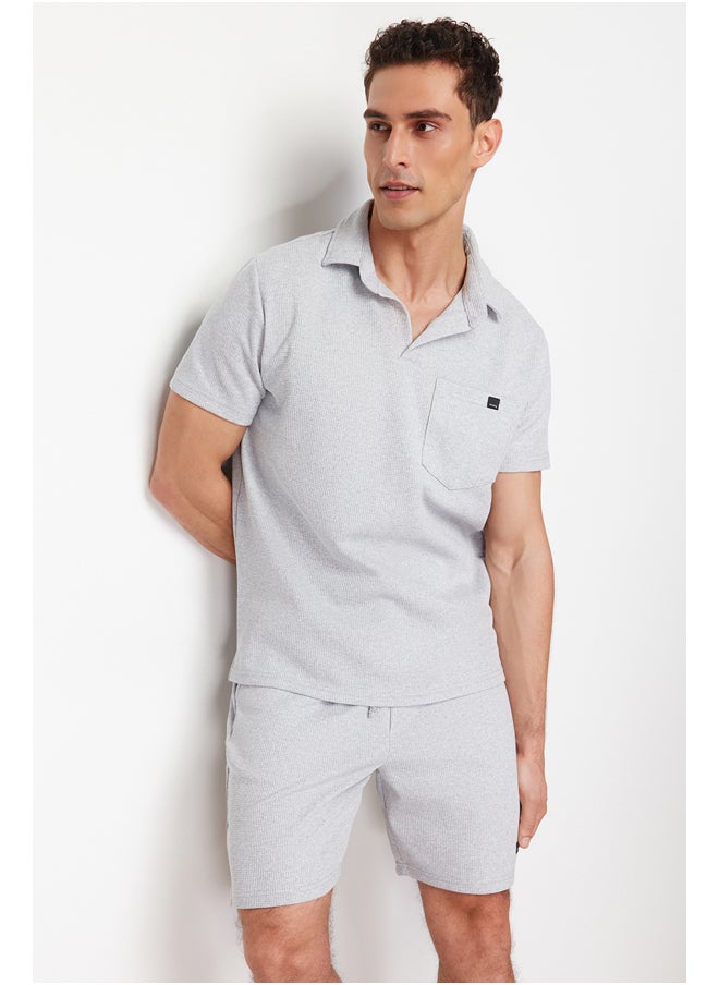 trendyol - Gray Regular/Normal Cut Textured Fabric Labeled Polo Collar Tracksuit Set TMNSS23EM00003 - Image 1
