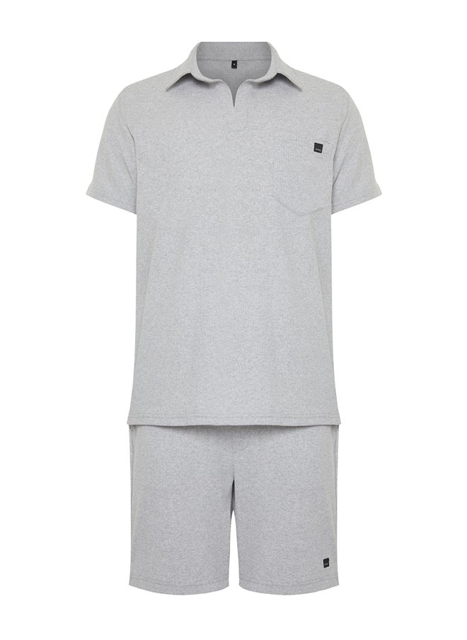trendyol - Gray Regular/Normal Cut Textured Fabric Labeled Polo Collar Tracksuit Set TMNSS23EM00003 - Image 1