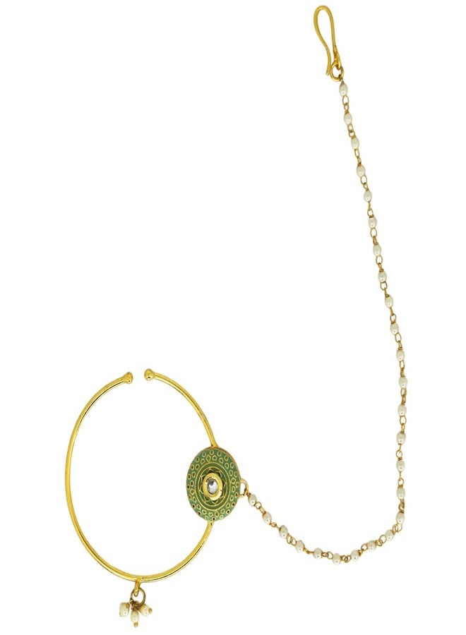 JWELLA Modern Stylish Gold-Plated Enamel and Kundan Embellished Nose Ring Nath with Pearl Chain for Bridal and Festive Attire for Women and Girls (No Piercing Required) - Image 1