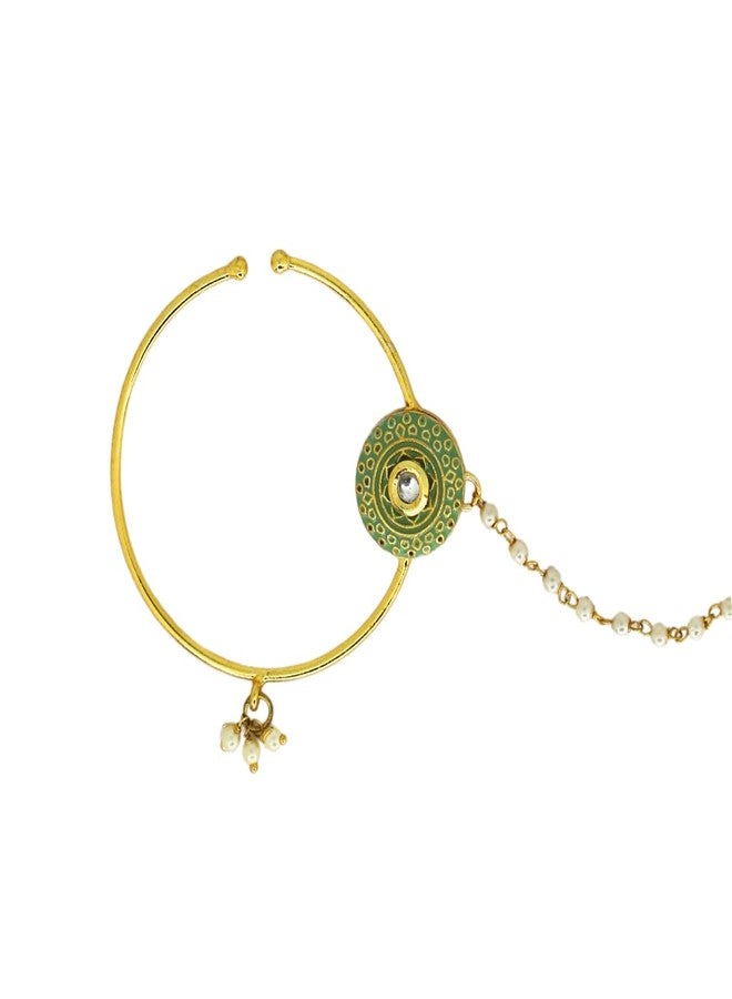 JWELLA Modern Stylish Gold-Plated Enamel and Kundan Embellished Nose Ring Nath with Pearl Chain for Bridal and Festive Attire for Women and Girls (No Piercing Required) - Image 4