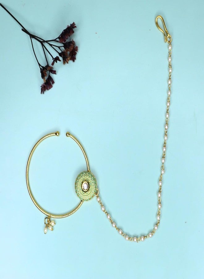 JWELLA Modern Stylish Gold-Plated Enamel and Kundan Embellished Nose Ring Nath with Pearl Chain for Bridal and Festive Attire for Women and Girls (No Piercing Required) - Image 2